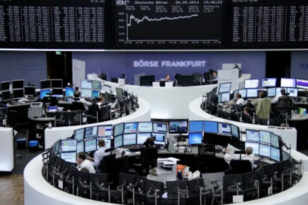 Financial market data displays on a trading floor